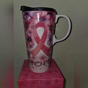 Cypress Home Tall Flowered Ceramic Travel Mug HOPE Pink Ribbon Breast Cancer